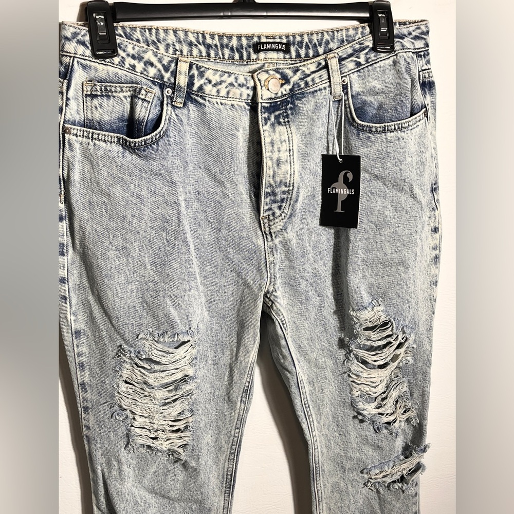 Flamingals Ripped Light Denim Flare Jeans XL NWT - Picture 3 of 11